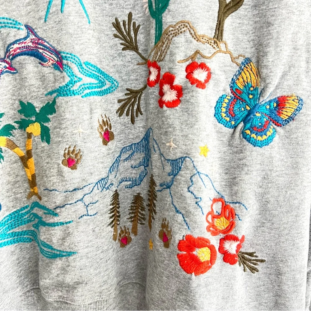 JOHNNY WAS California Raglan Gray Multicolor Embroidery Cotton Sweatshirt Sz XL - Picture 8 of 16